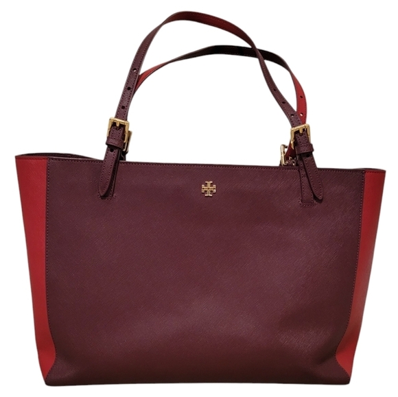 Tory Burch York Buckle Tote Large Two Toned Purple and Red Leather Gold Hardware - Picture 1 of 13